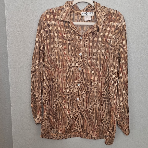 Sheer Gold Tone Animal Print Button Up Blouse Size Medium petite - Picture 1 of 6